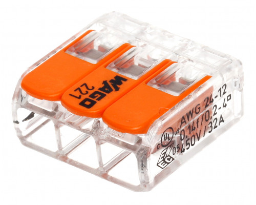 Клемма на 3 провода WAGO 221-413 с нажимными рычагами