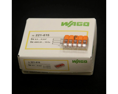 Terminal pentru 5 fire WAGO 221-615 cu pârghii de împingere