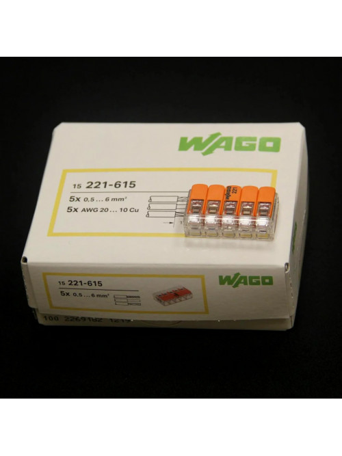 Клемма на 5 провода WAGO 221-615 с нажимными рычагами