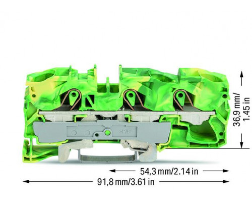 3-проводные клеммы; 16 мм²; для исполнений Ex e II; для DIN-рейки 35 x 15 и 35 x 7,5; Push-in CAGE CLAMP®; 16,00 mm²; желто-зелёная Wago 2016-1307