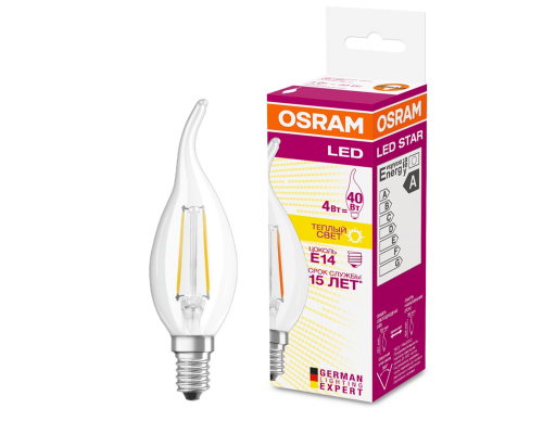 Лампа светодиодная Osram 4W 230V 470lm 2700K E14 филаментная свеча на ветру