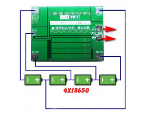 BMS контроллер 4x 18650 с балансиром, 4S 40А плата заряда защиты