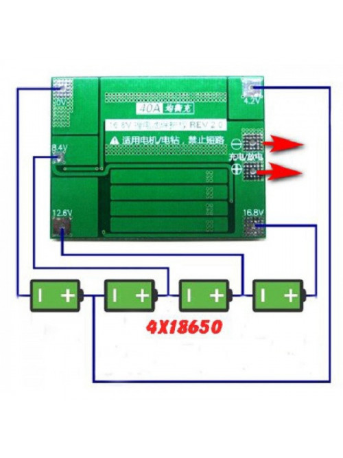 BMS контроллер 4x 18650 с балансиром, 4S 40А плата заряда защиты