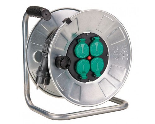 Кабельный барабан 50м 3G1,5 S31, 4 розетки немецкого стандарта IP44, с термовыключателем IP44, оцинкованный