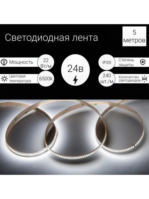 Лента светодиодная 22 Вт/м, 24В, IP20, 6500К (2835, 240 диодов/м, 5м)