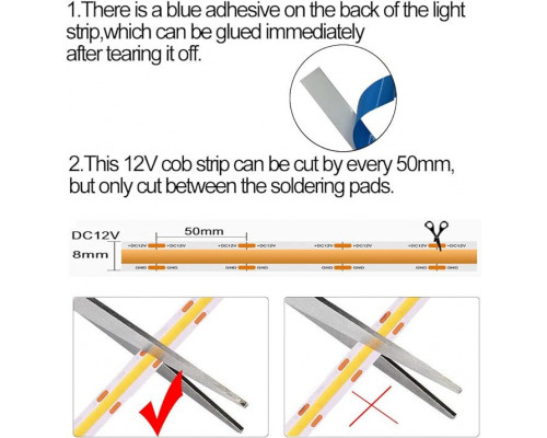 Светодиодная лента COB, белая, 3000K, DC12V, 5 м, 320 светодиодов/м.