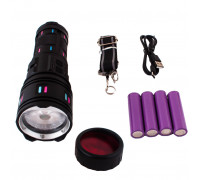 Lanternă cu LED-uri laser albe PM60-TG cu vedere nocturnă și fluorescență, AK177-1, 4 baterii 18650, baterie externă, indicator baterie, încărcător tip C, zoom, 5 filtre