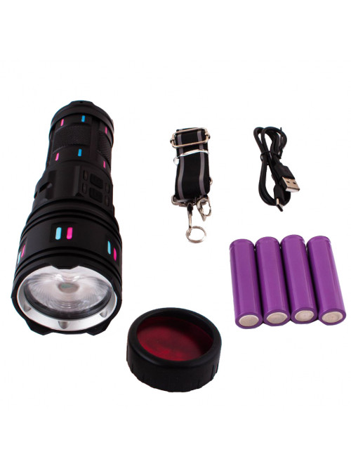 Фонарь NIGHT VISION FLUORESCENCE AK177-1 WHITE LASER LED PM60-TG, 4х18650, power bank, индикация заряда, ЗУ Type-C, zoom, 5 фильтров 