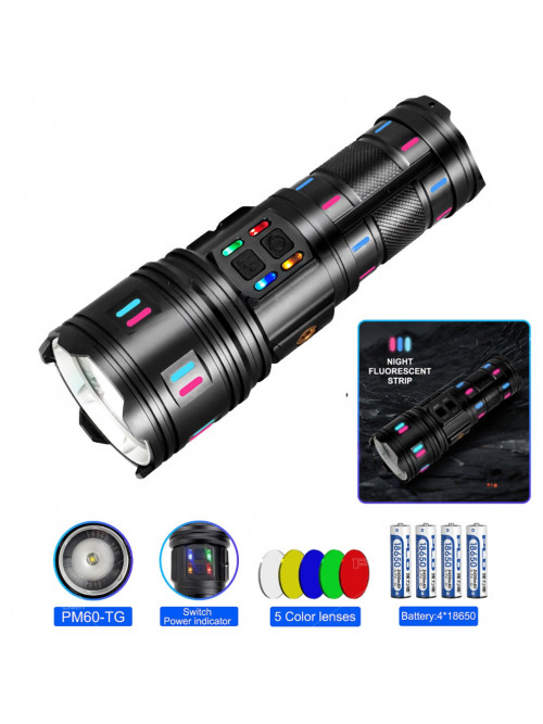 Фонарь NIGHT VISION FLUORESCENCE AK177-1 WHITE LASER LED PM60-TG, 4х18650, power bank, индикация заряда, ЗУ Type-C, zoom, 5 фильтров 
