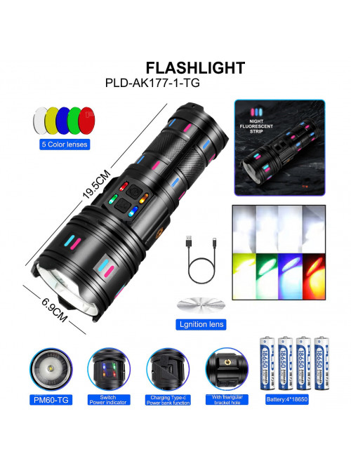 Фонарь NIGHT VISION FLUORESCENCE AK177-1 WHITE LASER LED PM60-TG, 4х18650, power bank, индикация заряда, ЗУ Type-C, zoom, 5 фильтров 