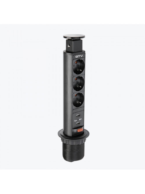 Розетка выдвижная 3-местная встраиваемая с заземлением 60mm 2XUSB черный GTV AE-BPW3S60U-20