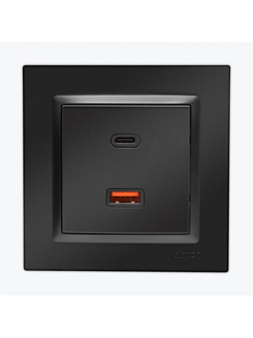 Priza dubla USB, C+A 30W, negru mat CEC2CA.01/49 SIMON 10