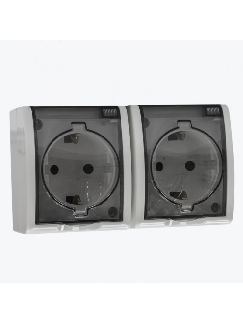 Priza dubla euro protectie pentru copii cu capac transparent exterioara IP54 alba AQUA 1594443-030 SIMON 15