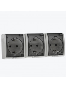 Priza tripla euro protectie pentru copii cu capac transparent exterioara IP54 alba AQUA 1594447-030 SIMON 15