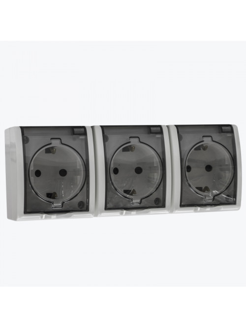 Priza tripla euro protectie pentru copii cu capac transparent exterioara IP54 alba AQUA 1594447-030 SIMON 15