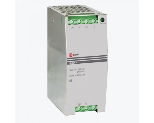 Блок питания на DIN рейку DC21,6....26,4 ВV 3,2A 75W IP20 dr-75w-24 EKF PROxima