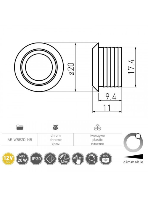 Выключатель контактный сенсорный диммируемый с проводом 1.5 метра 12V DC, 20W,IP20  хром GTV AE-WBEZD-NB