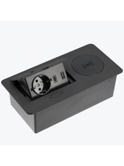 Розетка выдвижная 1-местная встраиваемая с заземлением USB и беспроводной зарядкой черная GTV AVARO PLUS AE-PB1SAVAP-20