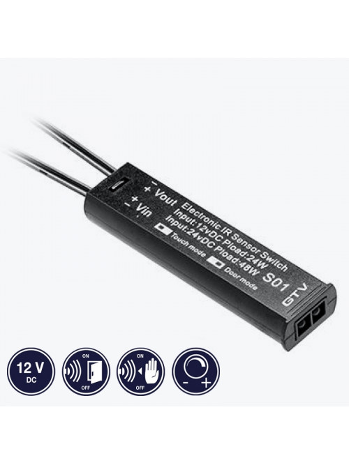Выключатель сенсорный диммируемый встроенный с проводом 2 метра 12V DC-24W 24V DC-48W IP20 черный GTV AE-WBCUNI-10DIM