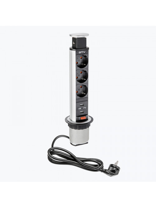 Розетка выдвижная 3-местная встраиваемая с заземлением 60mm 2XUSB серебристый GTV AE-BPW3S60U-80