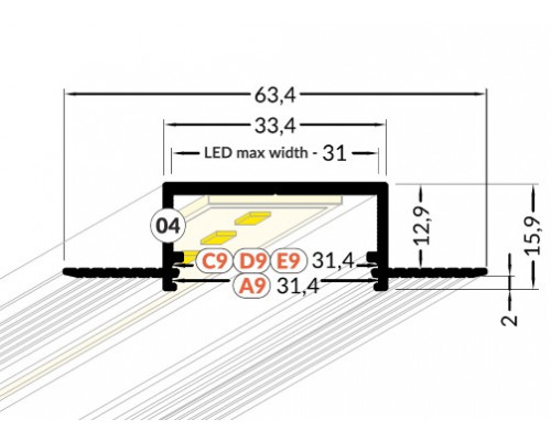 Profil LED încastrat VARIO 30-04, alb, lungime 2m