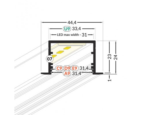 Profil LED încastrat VARIO 30-07, aluminiu anodizat, lungime 2m