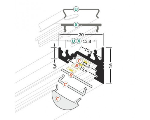 Profil LED de colț CORNER 10, alb, lungime 2m