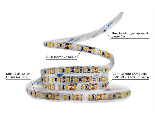 Светодиодная LED лента PROLUM™ 12V; 2835\120; IP20; Series "PRO", Нейтральный-Белый (3800-4300K)