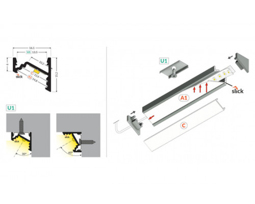 профиль LED CORNER10.v2 A1C/U1 4050 сырой алюминий