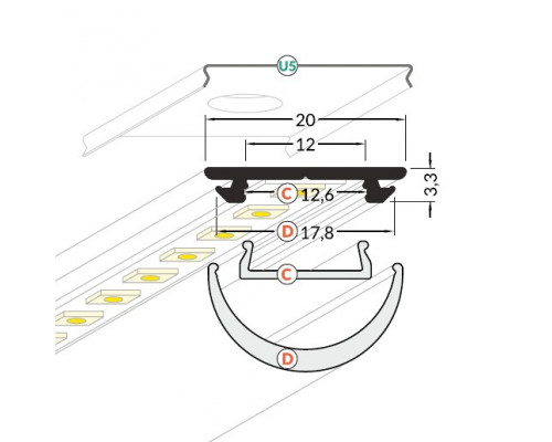 Profil LED aparent ARC 12, aluminiu, lungime 2m