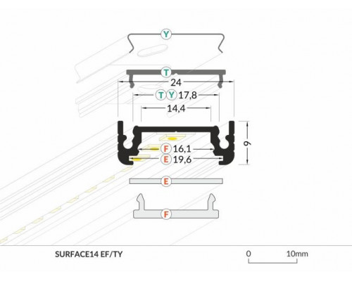 Profil LED aparent SURFACE 14, negru, lungime 2m
