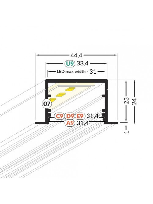 Profil LED încastrat VARIO 30-07, alb, lungime 2m