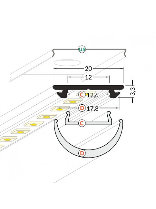 Profil LED aparent ARC 12, negru, lungime 2m