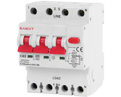 Выключатели дифференциального тока с защитой от сверхтоков e.rcbo.pro.4.C63.100, 3P+N, 63А, С, тип А, 100мА