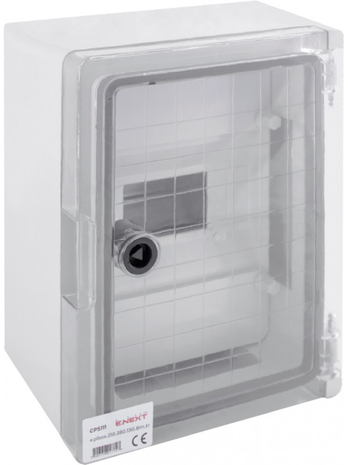 Шкаф ударопрочный из АБС-пластика e.plbox.210.280.130.8m.tr, 210х280х130мм, IP65 с прозрачными дверцами и панелью под 8 модулей