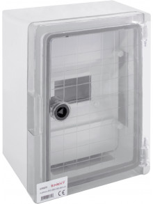 Шкаф ударопрочный из АБС-пластика e.plbox.210.280.130.8m.tr, 210х280х130мм, IP65 с прозрачными дверцами и панелью под 8 модулей