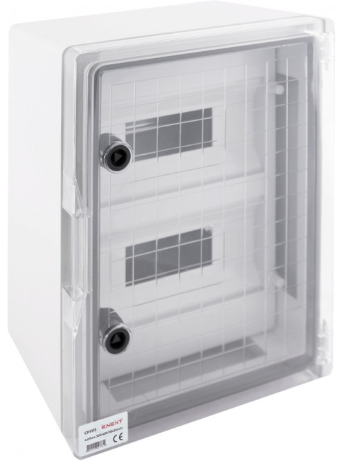 Шкаф ударопрочный из АБС-пластика e.plbox.300.400.165.24m.tr, 300х400х165мм, IP65 с прозрачными дверцами и панелью под 24 модуля