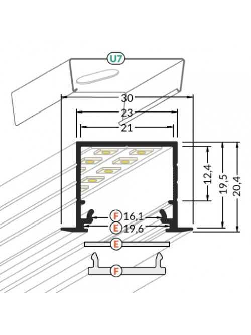 Profil LED încastrat LINEA IN 20, negru, lungime 2m