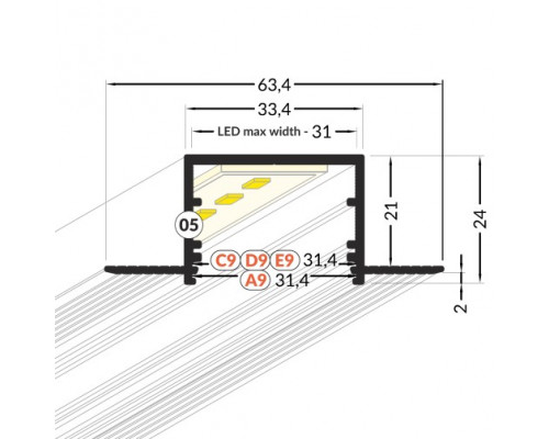 Profil LED încastrat VARIO 30-05, aluminiu anodizat, lungime 2m