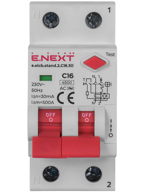 Выключатели дифференциального тока с защитой от сверхтоков e.elcb.stand.2.C16.30, 2р, 16А, C, 30мА с разделенной рукояткой