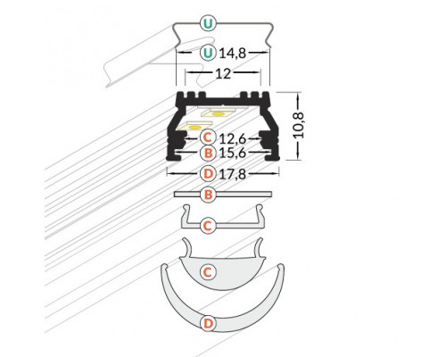 Profil LED aparent UNI 12, alb, lungime 2m