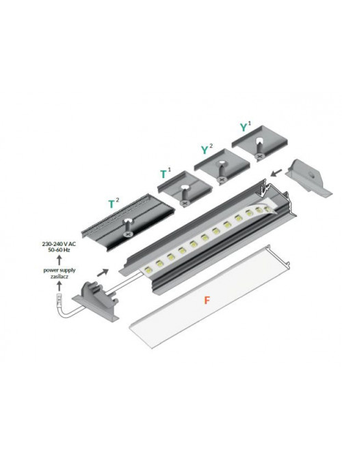 Profil LED încastrat DIAGONAL 14, aluminiu neanodizat, lungime 2m