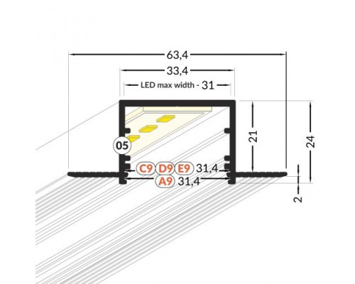 Profil LED încastrat VARIO 30-05, alb, lungime 2m