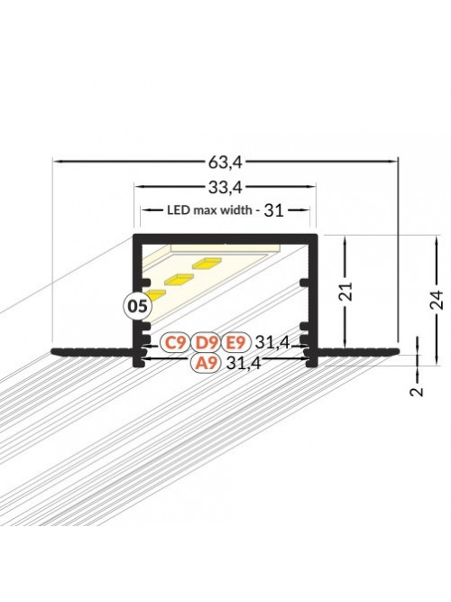 Profil LED încastrat VARIO 30-05, alb, lungime 2m