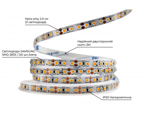 Светодиодная LED лента PROLUM™ 12V; 2835\120; IP20; Series "PRO", Тепло-Белый (2800-3200K)