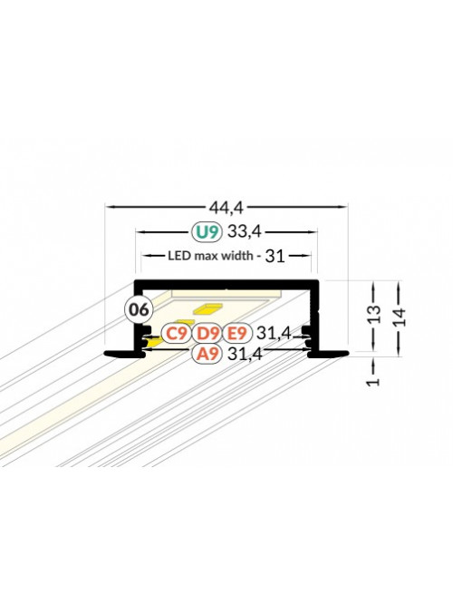 Profil LED încastrat VARIO 30-06, negru, lungime 2m