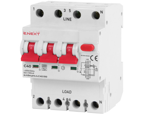 Выключатели дифференциального тока с защитой от сверхтоков e.rcbo.pro.4.C40.100, 3P+N, 40А, С, тип А, 100мА