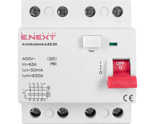 Выключатель дифференциального тока  e.rccb.stand.4.63.30 4р, 63А, 30mA