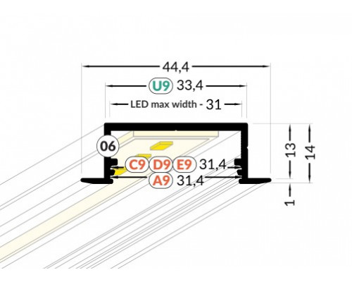 Profil LED încastrat VARIO 30-06, alb, lungime 2m
