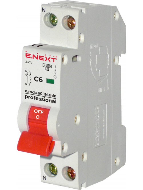 Модульный автоматический выключатель e.mcb.pro.60.1N.С6.thin, 1р+N, 6А, C, 4,5кА, тонкий